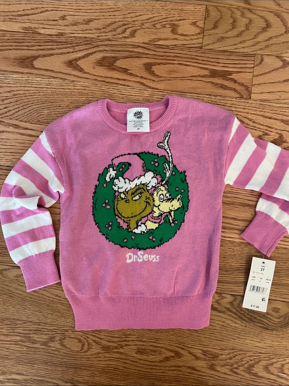 Dr. Seuss Pink and White Grinch Wreath Crewneck Sweater